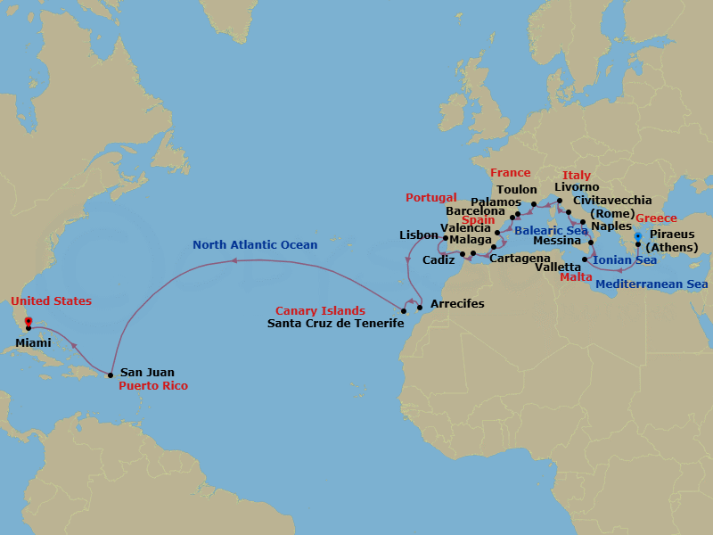 31 Night - Holiday Crossing - Oceania Aurelia - Starting in Athens (Piraeus), Valletta, Messina (Sicily), Naples / Pompeii, Rome (Civitavecchia), Florence / Pisa / Tuscany (Livorno), Toulon, Palamos, Barcelona, Valencia, Cartagena ES, Malaga, Seville (Cadiz), Lisbon, Arrecife (Lanzarote), Santa Cruz de Tenerife, San Juan, Miami itinerary map