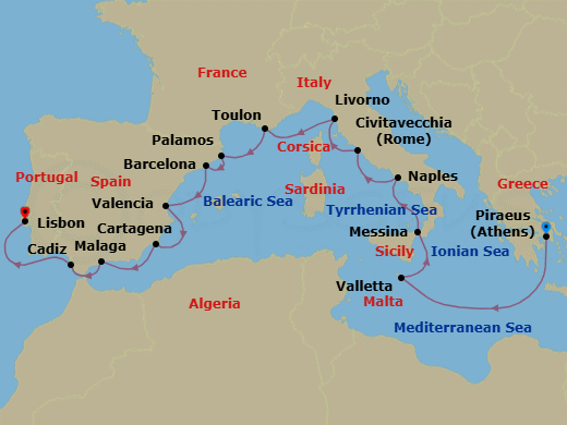 17 Night - Southern Europe Explorer - Oceania Aurelia - Starting in Athens (Piraeus), Valletta, Messina (Sicily), Naples / Pompeii, Rome (Civitavecchia), Florence / Pisa / Tuscany (Livorno), Toulon, Palamos, Barcelona, Valencia, Cartagena ES, Malaga, Seville (Cadiz), Lisbon itinerary map
