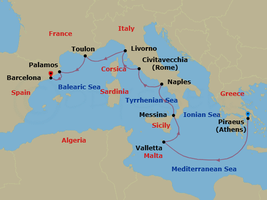 10 Night - European Holiday - Oceania Aurelia - Starting in Athens (Piraeus), Valletta, Messina (Sicily), Naples / Pompeii, Rome (Civitavecchia), Florence / Pisa / Tuscany (Livorno), Toulon, Palamos, Barcelona itinerary map