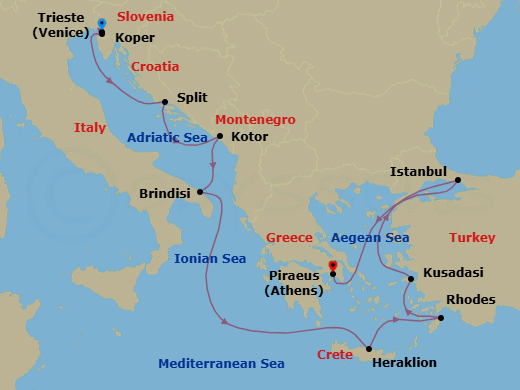 12 Night - Venetian Tides - Oceania Aurelia - Starting in Trieste, Koper, Split, Kotor, Brindisi, Heraklion (Crete), Rhodes, Ephesus (Kusadasi), Istanbul, Athens (Piraeus) itinerary map