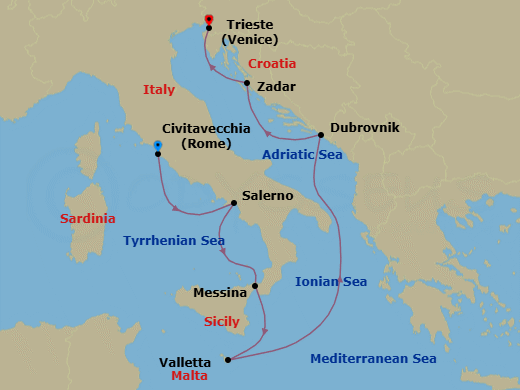 7 Night - Mediterranean Debut - Oceania Aurelia - Starting in Rome (Civitavecchia), Salerno, Messina (Sicily), Valletta, Dubrovnik, Croatia, Zadar, Trieste itinerary map