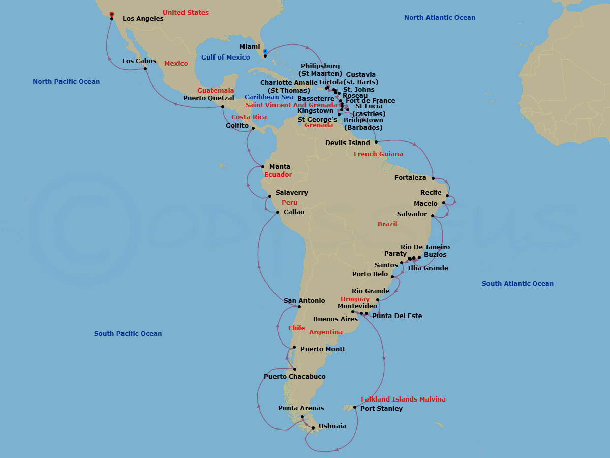71 Night - Grand South America Adventure - Oceania Aurelia - Starting in Miami, Charlotte Amalie, Tortola, Philipsburg, Gustavia, Basseterre, St Johns AG, Roseau, Fort-de-France, Castries, Bridgetown, Kingstown, St Georges, Devils Island, Fortaleza, Recife, Maceio, Salvador, Rio De Janeiro, Ilha Grande, Brazil, Buzios, Brazil, Parati, Sao Paulo (Santos), Porto Belo, Rio Grande, Punta Del Este, Montevideo, Buenos Aires, Port Stanley, Falkland Islands, Cruising the Antarctic Peninsula, Cruising Drake Passage, Ushuaia, Punta Arenas, Cruising the Chilean Fjords, Puerto Chacabuco, Puerto Montt, Santiago De Chile (San Antonio CL), Lima / Machu Picchu (Callao), Salaverry, Manta, Golfito, Puerto Quetzal, Cabo San Lucas, Los Angeles itinerary map