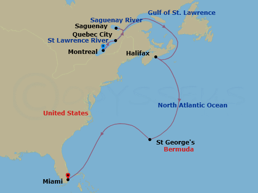 12 Night - Colonial Journey - Oceania Aurelia - Starting in Montreal, Quebec City, Saguenay, Halifax, St George, Miami itinerary map