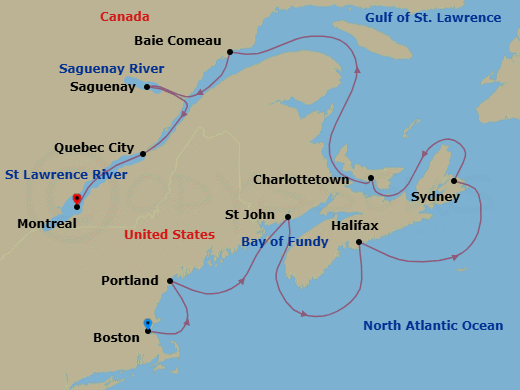11 Night - Autumnal Aurelia - Oceania Aurelia - Starting in Boston, Portland ME, Saint John NB (Bay of Fundy), Halifax, Sydney CA, Charlottetown, Baie-Comeau, Saguenay, Quebec City, Montreal itinerary map