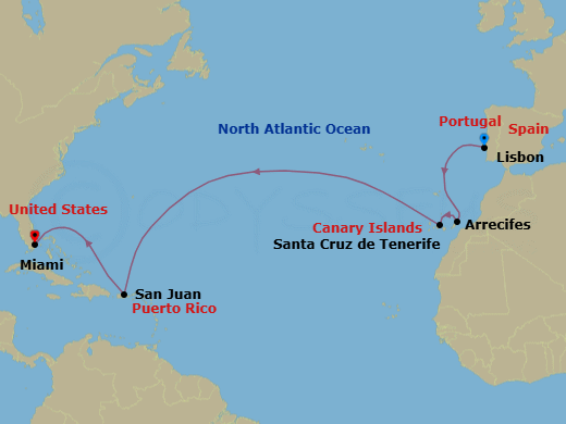 14 Night - Festive Crossing - Oceania Aurelia - Starting in Lisbon, Arrecife (Lanzarote), Santa Cruz de Tenerife, San Juan, Miami itinerary map