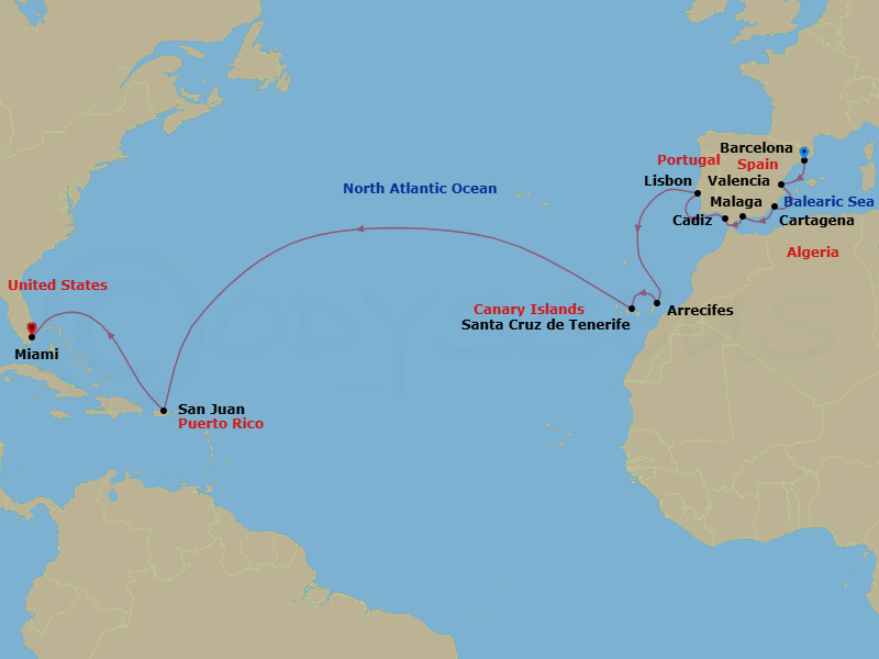 21 Night - Iberia to New World Passage - Oceania Aurelia - Starting in Barcelona, Valencia, Cartagena ES, Malaga, Seville (Cadiz), Lisbon, Arrecife (Lanzarote), Santa Cruz de Tenerife, San Juan, Miami itinerary map