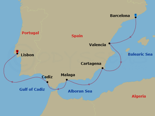7 Night - Iberian New Year - Oceania Aurelia - Starting in Barcelona, Valencia, Cartagena ES, Malaga, Seville (Cadiz), Lisbon itinerary map