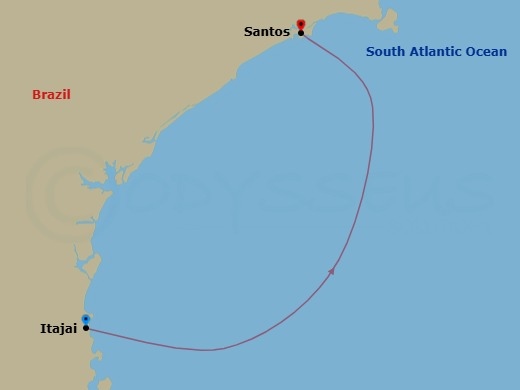 1 Night - South America - MSC Musica - Starting in Itajai, Brazil, Santos (Sao Paulo), Brazil itinerary map