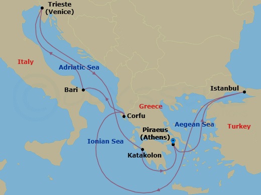 8 Night - Mediterranean - MSC Fantasia - Starting in Piraeus (Athens), Greece, Istanbul, Turkey, Corfu, Greece, Bari, Italy, Trieste (Venice), Italy, Katakolon (Olympia), Greece, Piraeus (Athens), Greece itinerary map