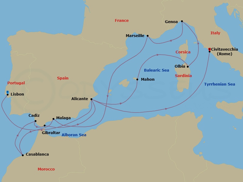 14 Night - Mediterranean - MSC Sinfonia - Starting in Lisbon (Cascais), Portugal, Alicante, Spain, Mahon Minorque, Olbia, Italy, Genoa (Portofino), Italy, Marseille (Provence), France, Malaga (Granada), Spain, Casablanca (Marrakesh), Morocco, Cadiz (Seville), Spain, Gibraltar, Alicante, Spain, Civitavecchia (Rome), Italy itinerary map