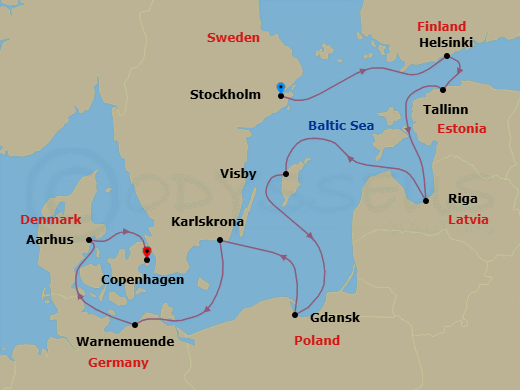 11 Night - A Journey to Remember - Oceania Marina - Starting in Stockholm, Helsinki, Tallinn, Riga, Visby, Sweden, Gdansk (Gdynia), Karlskrona, Berlin (Warnemunde), Aarhus, Copenhagen itinerary map