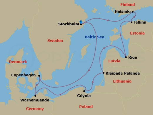 10 Night - Northern Europe - MSC Magnifica - Starting in Stockholm, Sweden, Copenhagen, Denmark, Warnemunde (Berlin), Germany, Gdynia (Gdansk), Poland, Klaipeda, Lithuania, Riga, Latvia, Tallinn, Estonia, Helsinki, Finland, Stockholm, Sweden itinerary map