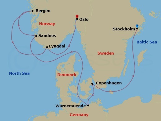 8 Night - Northern Europe - MSC Magnifica - Starting in Stockholm, Sweden, Copenhagen, Denmark, Warnemunde (Berlin), Germany, Sandnes, Norway, Bergen, Norway, Lyngdal, Norway, Oslo, Norway itinerary map