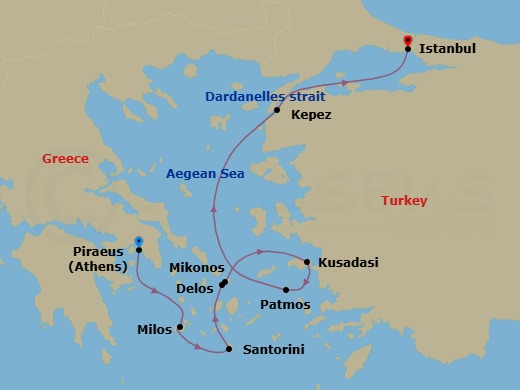 7 Night - Athens to Istanbul Adventure - Emerald Raiya - Starting in Athens (Piraeus), Greece, Milos, Greece, Santorini, Greece, Delos, Greece / Mykonos, Greece, Kusadasi, Turkey, Patmos, Greece, Kepez / Cruise the Dardanelles, Turkey, Istanbul, Turkey itinerary map