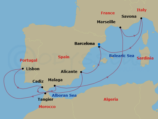 10 Night - Southern Europe Roundtrip from Barcelona - Costa Diadema - Starting in Barcelona, Alicante, Lisbon, Cadice, Tangier, Malaga, Marseille, Savona, Barcelona itinerary map