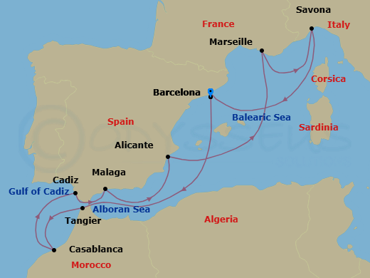 10 Night - Southern Europe Roundtrip from Barcelona - Costa Diadema - Starting in Barcelona, Tangier, Casablanca, Cadice, Malaga, Alicante, Marseille, Savona, Barcelona itinerary map