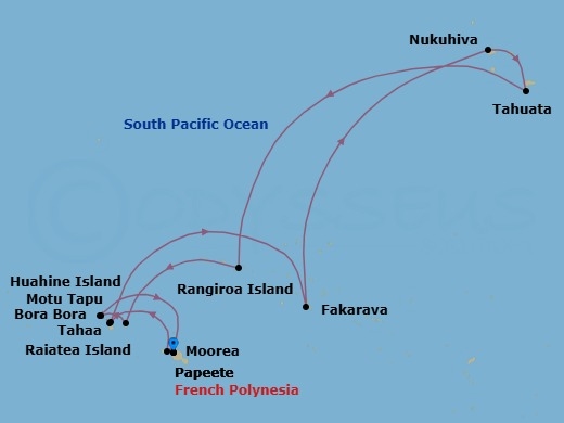 14 Night - Papeete to Papeete - Silver Whisper - Starting in Papeete (Tahiti), Moorea Island, Motu Tahaa, Raiatea, Fakarava, Tuamotu Archipelago, Nuku Hiva, Marquesas Islands, Tahuata, Marquesas Islands, Rangiroa, Huahine, Bora Bora (Society Islands), Motu Tapu (Bora Bora), Papeete (Tahiti) itinerary map