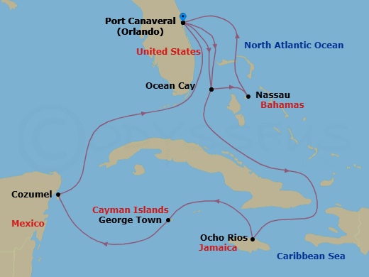 10 Night - Caribbean and Antilles - MSC Grandiosa - Starting in Port Canaveral (Orlando), Florida, Ocean Cay Msc Marine Reserve, Bahamas, Ocho Rios, Jamaica, George Town, Cayman Islands, Cozumel, Mexico, Port Canaveral (Orlando), Florida, Ocean Cay Msc Marine Reserve, Bahamas, Nassau, Bahamas, Port Canaveral (Orlando), Florida itinerary map