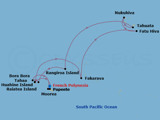 14 Night - Papeete to Papeete - Silver Whisper - Starting in Papeete (Tahiti), Raiatea, Motu Tahaa, Fakarava, Tuamotu Archipelago, Fatu Hiva, Marquesas Islands, Nuku Hiva, Marquesas Islands, Tahuata, Marquesas Islands, Rangiroa, Huahine, Bora Bora (Society Islands), Moorea Island, Papeete (Tahiti) itinerary map