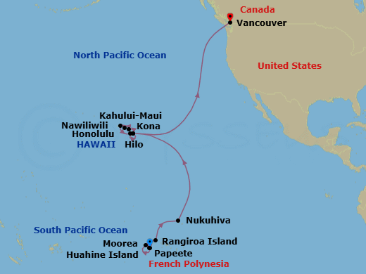25 Night - Hawaii from Papeete to Vancouver - Silver Whisper - Starting in Papeete, Huahine, Moorea Island, Rangiroa, Nuku Hiva, Hilo, Kahului, Honolulu, Nawiliwili, Kailua Kona, Hilo, Vancouver itinerary map