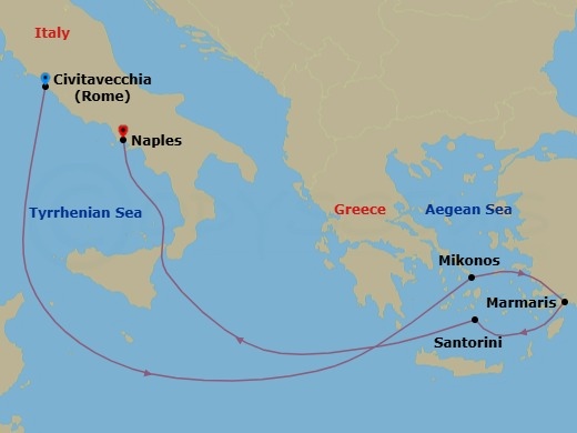 6 Night - Mediterranean - MSC Divina - Starting in Civitavecchia (Rome), Italy, Mykonos, Greece, Marmaris, Turkey, Santorini, Greece, Naples (Pompeii), Italy itinerary map