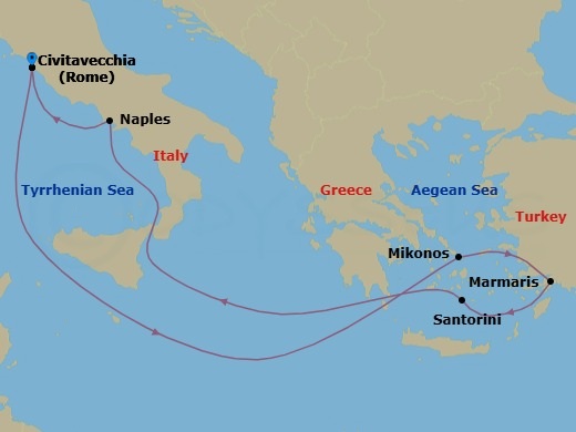 7 Night - Mediterranean - MSC Divina - Starting in Civitavecchia (Rome), Italy, Mykonos, Greece, Marmaris, Turkey, Santorini, Greece, Naples (Pompeii), Italy, Civitavecchia (Rome), Italy itinerary map