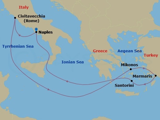 7 Night - Mediterranean - MSC Divina - Starting in Naples (Pompeii), Italy, Civitavecchia (Rome), Italy, Mykonos, Greece, Marmaris, Turkey, Santorini, Greece, Naples (Pompeii), Italy itinerary map