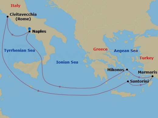 7 Night - Mediterranean - MSC Divina - Starting in Naples (Pompeii), Italy, Civitavecchia (Rome), Italy, Santorini, Greece, Marmaris, Turkey, Mykonos, Greece, Naples (Pompeii), Italy itinerary map