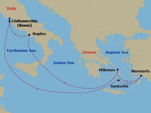7 Night - Mediterranean - MSC Divina - Starting in Civitavecchia (Rome), Italy, Santorini, Greece, Marmaris, Turkey, Mykonos, Greece, Naples (Pompeii), Italy, Civitavecchia (Rome), Italy itinerary map