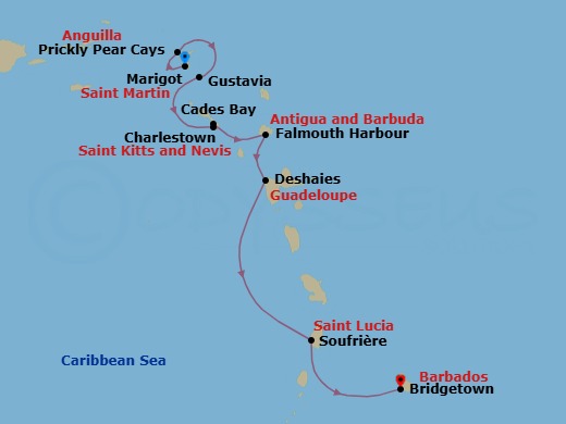 7 Night - Eastern Caribbean with St. Barths - Emerald Azzurra - Starting in Marigot, Saint Martin, Marigot, Saint Martin / Prickly Pear Cays, Anguilla / Gustavia, Saint Barthelemy, Gustavia, Saint Barthelemy, Charlestown, Saint Kitts and Nevis / Cades Bay, Saint Kitts and Nevis, Falmouth Bay (English Harbour), Antigua and Barbuda, Deshaies, Guadeloupe, Soufriere, Saint Lucia, Bridgetown, Barbados itinerary map