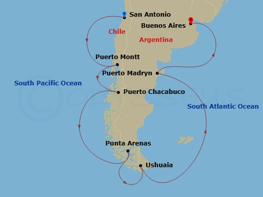 14 Night - Round World from San Antonio (Santiago) Chile - Costa Serena - Starting in San Antonio CL (Santiago), Puerto Montt, Chile, Puerto Chacabuco, Punta Arenas, Ushuaia, Puerto Madryn, Argentina, Buenos Aires itinerary map