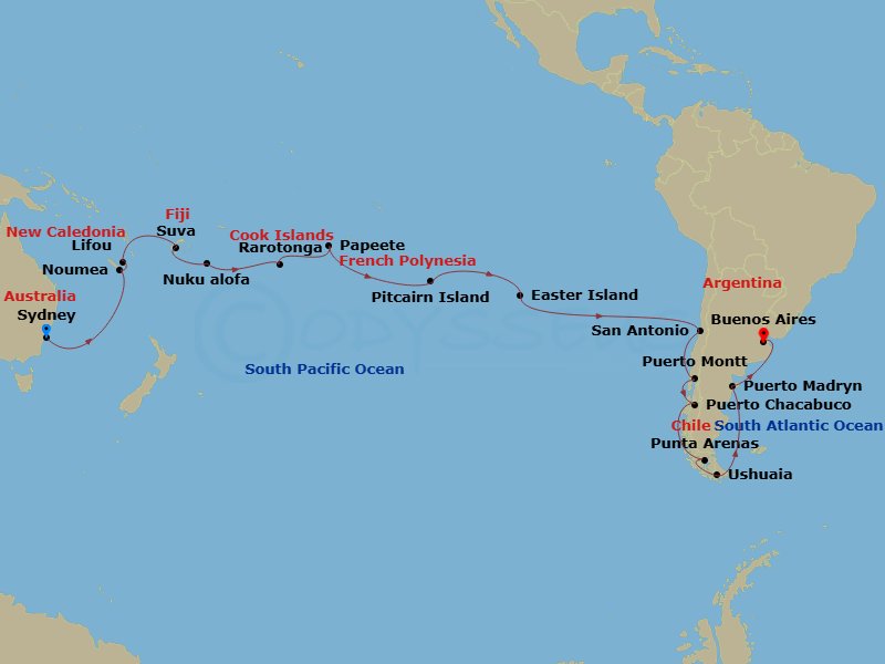 40 Night - Round World from Sydney - Costa Serena - Starting in Sydney AU, Noumea, Lifou, Suva, Nuhualofa, Tonga, Rarotonga, Papeete, Pitcairn Islands, Easter Island, San Antonio CL (Santiago), Puerto Montt, Chile, Puerto Chacabuco, Punta Arenas, Ushuaia, Puerto Madryn, Argentina, Buenos Aires itinerary map