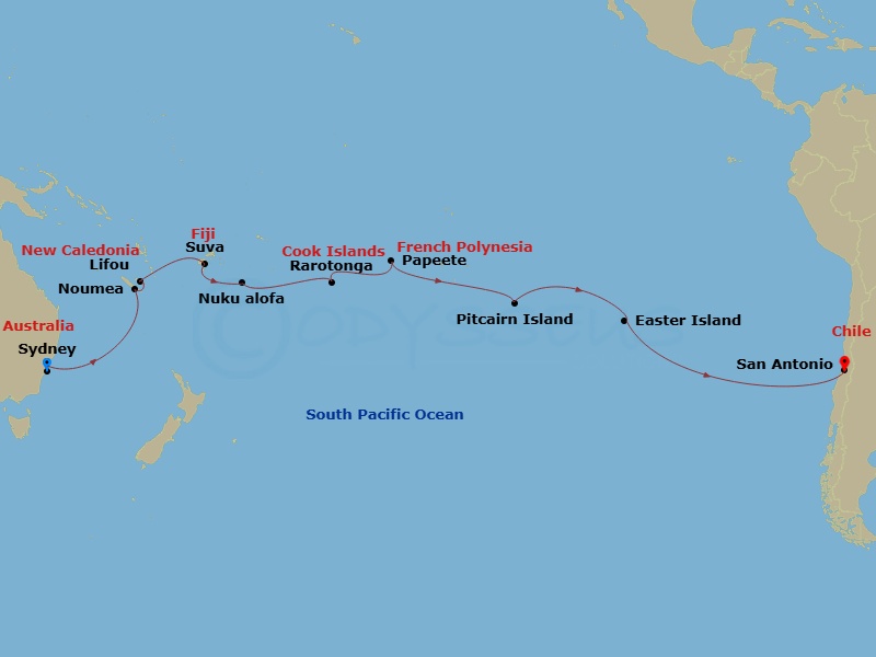 26 Night - Round World from Sydney - Costa Serena - Starting in Sydney AU, Noumea, Lifou, Suva, Nuhualofa, Tonga, Rarotonga, Papeete, Pitcairn Islands, Easter Island, San Antonio CL (Santiago) itinerary map