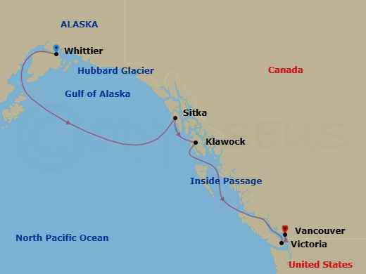 7 Night - Glaciers & Wildlife - Seven Seas Explorer - Starting in Anchorage (Whittier), Cruising Hubbard Glacier, Sitka, Cruising Holkham Bay Glacier Fjords, Klawock, Cruising the Inside Passage, Victoria CA, Vancouver itinerary map