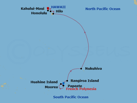 14 Night - Papeete to Honolulu - Silver Whisper - Starting in Papeete (Tahiti), Huahine, Moorea Island, Rangiroa, Nuku Hiva, Marquesas Islands, Hilo, Hawaii, Kahului, Hawaii, Honolulu, Oahu, Hawaii itinerary map