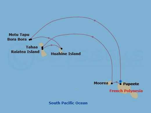 7 Night - Papeete to Papeete - Silver Whisper - Starting in Papeete (Tahiti), Moorea Island, Motu Tahaa, Raiatea, Huahine, Bora Bora (Society Islands), Motu Tapu (Bora Bora), Papeete (Tahiti) itinerary map