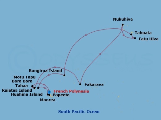 14 Night - Papeete to Papeete - Silver Whisper - Starting in Papeete (Tahiti), Bora Bora (Society Islands), Motu Tapu (Bora Bora), Motu Tahaa, Raiatea, Fakarava, Tuamotu Archipelago, Nuku Hiva, Marquesas Islands, Fatu Hiva, Marquesas Islands, Tahuata, Marquesas Islands, Rangiroa, Huahine, Moorea Island, Papeete (Tahiti) itinerary map