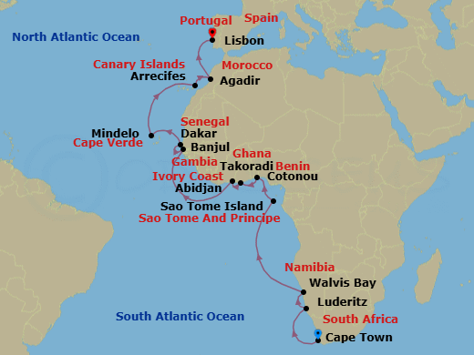 24 Night - West African Gems - Oceania Regatta - Starting in Cape Town, Luderitz, Walvis Bay, Sao Tome, Cotonou, Sekondi / Takoradi, Abidjan, Banjul, Dakar, Mindelo (Sao Vicente), Arrecife (Lanzarote), Agadir, Lisbon itinerary map