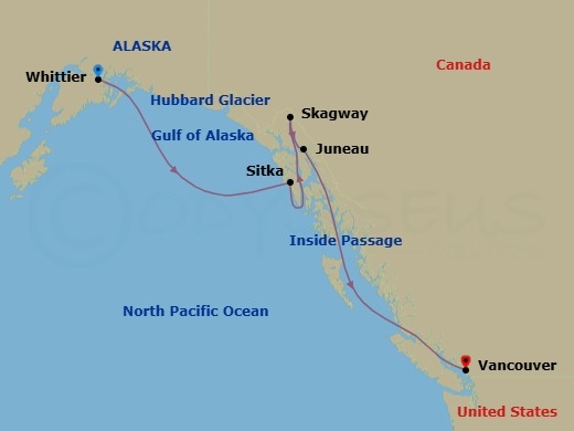 7 Night - Waterfalls & Salmon Bakes - Seven Seas Explorer - Starting in Anchorage (Whittier), Cruising Hubbard Glacier, Sitka, Skagway, Juneau, Cruising Holkham Bay Glacier Fjords, Cruising the Pacific Ocean, Cruising the Inside Passage, Vancouver itinerary map