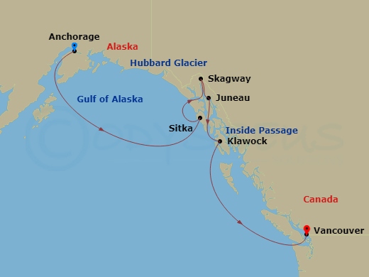 7 Night - Spotlight On Ken Brown Wines - Seven Seas Explorer - Starting in Anchorage (Whittier), Cruising Hubbard Glacier, Sitka, Skagway, Juneau, Klawock, Cruising the Inside Passage, Vancouver itinerary map