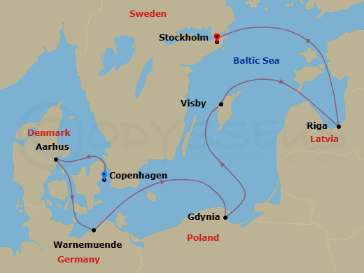 6 Night - Northern Europe - MSC Magnifica - Starting in Copenhagen, Denmark, Aarhus, Denmark, Warnemunde (Berlin), Germany, Gdynia (Gdansk), Poland, Visby, Sweden, Riga, Latvia, Stockholm, Sweden itinerary map