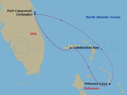 4 Night - Bahamas - Carnival Glory - Starting in Port Canaveral (Orlando), Fl, Celebration Key, the Bahamas, Princess Cays, the Bahamas, Port Canaveral (Orlando), Fl itinerary map