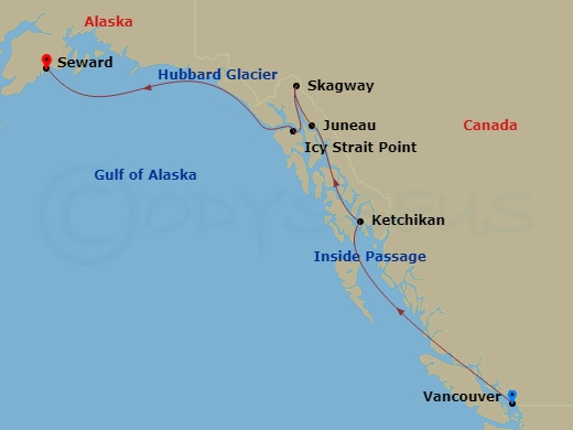 7 Night - Vancouver to Seward (Anchorage) - Silver Moon - Starting in Vancouver, Cruise British Columbia Inside Passage, Ketchikan, Alaska, Juneau, Alaska, Skagway, Alaska, Icy Strait Point, Alaska, Cruise Hubbard Glacier, Alaska, Seward (Anchorage, Alaska) itinerary map