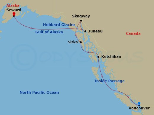 7 Night - Vancouver to Seward (Anchorage) - Silver Moon - Starting in Vancouver, Cruise British Columbia Inside Passage, Ketchikan, Alaska, Juneau, Alaska, Skagway, Alaska, Sitka, Alaska, Cruise Hubbard Glacier, Alaska, Seward (Anchorage, Alaska) itinerary map