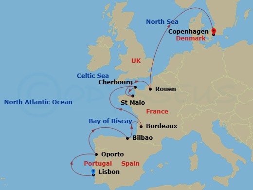 15 Night - Lisbon to Copenhagen - Silver Dawn - Starting in Lisbon, Oporto (Leixoes), Bilbao, Bordeaux, Cherbourg, Saint Malo (Brittany), Rouen, Copenhagen itinerary map