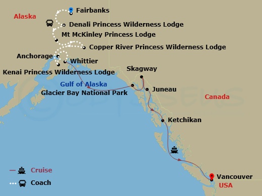 15 Night - National Parks Expedition - Tour Wb8 - Grand Princess Tours - Starting in Fairbanks, Denali Princess Wilderness Lodge, Mount Mckinley Princess Wilderness Lodge, Copper River Princess Wilderness Lodge, Kenai Princess Wilderness Lodge, Anchorage (Whittier), Alaska, Hubbard Glacier (Scenic Cruising), Alaska, Glacier Bay National Park (Scenic Cruising), Alaska, Skagway, Alaska, Juneau, Alaska, Ketchikan, Alaska, Vancouver, Canada itinerary map