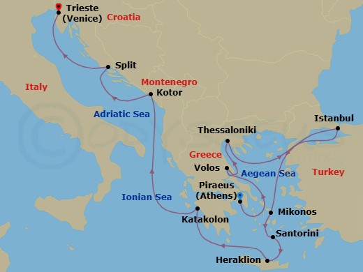 14 Night - Symphony of the Senses - Seven Seas Voyager - Starting in Athens (Piraeus), Cruising the Aegean Sea, Volos, Thessaloniki, Istanbul, Cruising the Aegean Sea, Mykonos, Santorini, Heraklion (Crete), Katakolon, Cruising the Adriatic Sea, Kotor, Split, Venice (Trieste) itinerary map