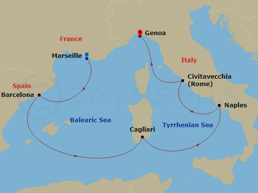6 Night - Western Mediterranean from Marseille to Genoa - Costa Toscana - Starting in Marseille, Barcelona, Cagliari, Napoli, Civitavecchia (Rome), Genoa (Portofino) itinerary map