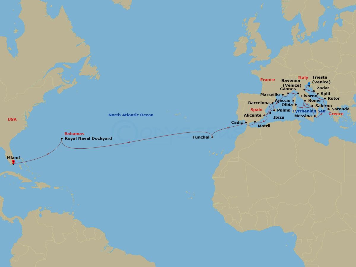 32 Night - Something Old, Something New - Oceania Sonata - Starting in Trieste, Ravenna, Zadar, Split, Kotor, Sarande, Messina (Sicily), Salerno, Rome (Civitavecchia), Salerno, Olbia / Porto Cervo (Sardinia), Ajaccio (Corsica), Florence / Pisa / Tuscany (Livorno), Cannes, Provence (Marseille), Ibiza, Palma De Mallorca, Barcelona, Alicante, Granada (Motril), Seville (Cadiz), Funchal (Madeira), Royal Naval Dockyard, Miami itinerary map