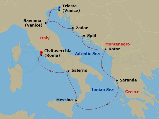 9 Night - The Beautiful Boot - Oceania Sonata - Starting in Trieste, Ravenna, Zadar, Split, Kotor, Sarande, Messina (Sicily), Salerno, Rome (Civitavecchia) itinerary map